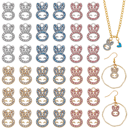 36Pcs 6Colors Alloy Pendants, with Rhinestone, Cadmium Free & Nickel Free & Lead Free, Rabbit Head