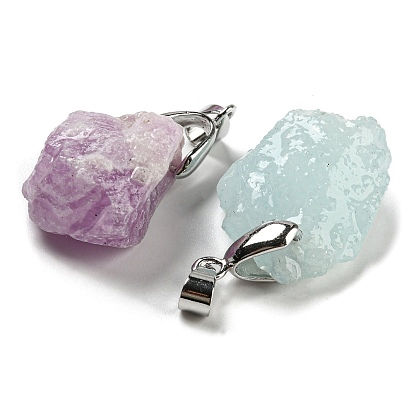 Raw Rough Natural Mixed Stone Pendants, Natural Aquamarine/Kunzite, Nuggets Charms with Platinum Plated Brass Pinch Bails
