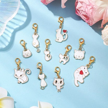 10pcs pendentifs décoratifs en alliage émaillé en forme de chat, Fermoirs à griffes de homard en alliage, breloques pour ornements de sacs