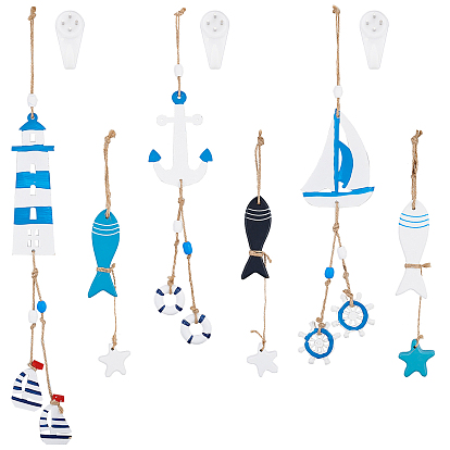 6 Style Ocean Style Wood Pendant Decoration, with Hemp Rope, Iron & Plastic Non-Trace Nail