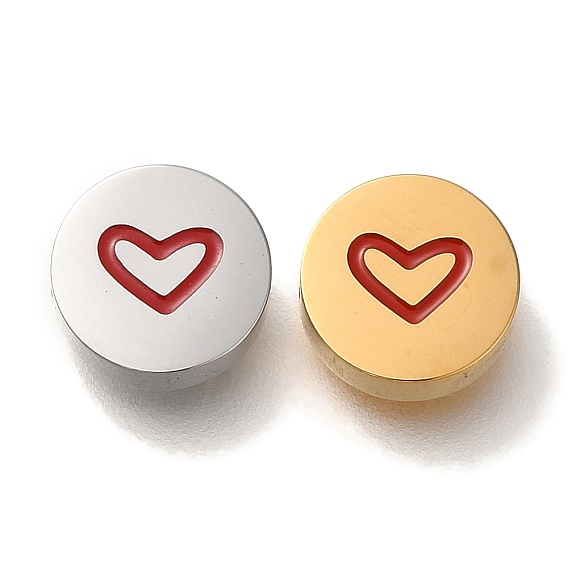 304 из нержавеющей стали бусы, с эмалью, плоско-круглые с сердцем