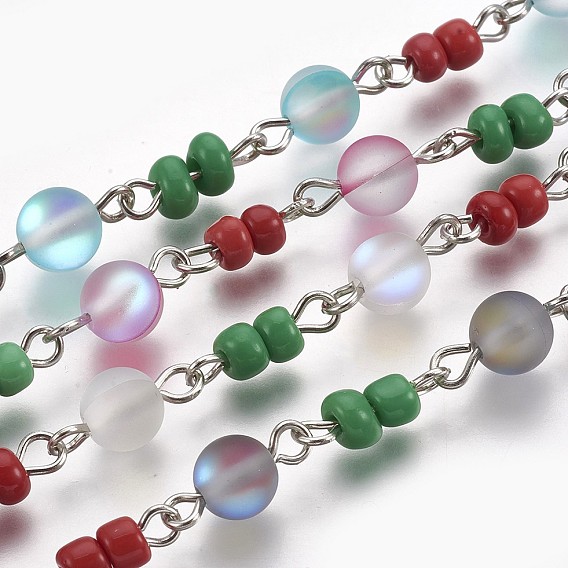 Handmade Synthetical Moonstone Beads and Glass Seed Beads Chains, Unwelded, with Iron Eye Pin, Platinum
