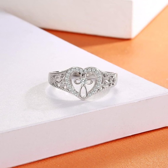 925 женские кольца из стерлингового серебра с микропаве из прозрачных кубических цирконий, сердце с крестом, родий