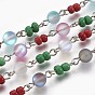Handmade Synthetical Moonstone Beads and Glass Seed Beads Chains, Unwelded, with Iron Eye Pin, Platinum