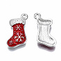 Alloy Enamel Pendants, Cadmium Free & Lead Free, Platinum, Christmas Sock