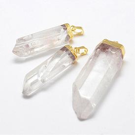 Natural Quartz Crystal Pointed Pendants, with Golden Tone Brass Findings, Faceted, Polishing, Bullet