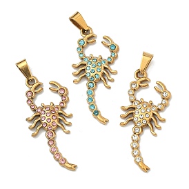 304 подвески из нержавеющей стали, прелести скорпиона, со стразами, с кнопкой на поруки, ионное покрытие (ip), золотые