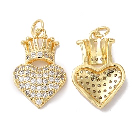 Brass Micro Pave Clear Cubic Zirconia Pendants, with Jump Ring, Heart with Crown Charm