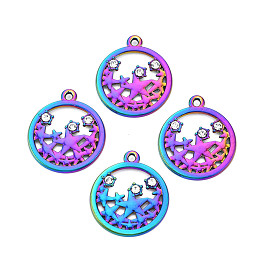 Rainbow Color Alloy Pendants, with Rhinestone, Cadmium Free & Lead Free, Flat Round with Star Charms