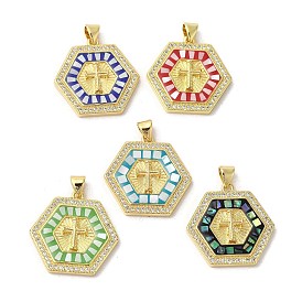 Brass Micro Pave Clear Cubic Zirconia Pendants, with Enamel & Shell, Long-Lasting Plated, Lead Free & Cadmium Free, Real 18K Gold Plated, Hexagon with Cross