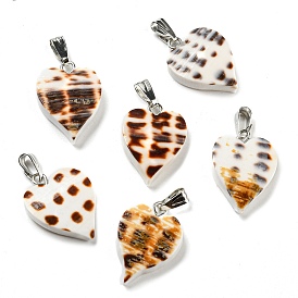 Natural Spiral Shell Pendants, Heart Charms with Platinum Plated Alloy Snap on Bails