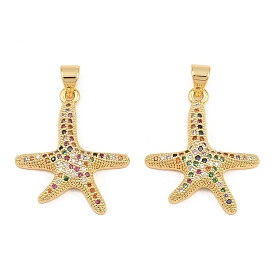 Brass Micro Pave Colorful Cubic Zirconia Pendants, Starfish Charms, Long-Lasting Plated, Lead Free & Cadmium Free, Rack Plating