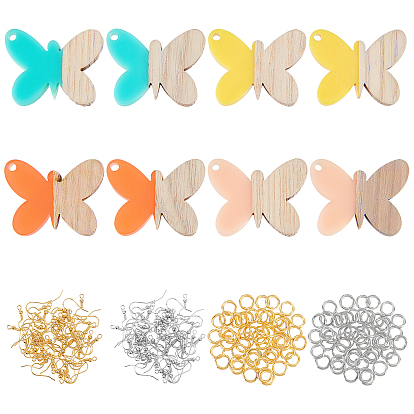 DIY Dangle Butterfly Earring Making Kits, 1 Box 8Pcs Resin & Walnut Wood Pendants, 40Pcs Iron Earring Hooks, 80Pcs Jump Rings