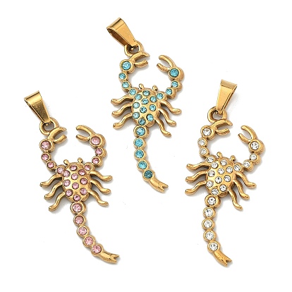 304 подвески из нержавеющей стали, прелести скорпиона, со стразами, с кнопкой на поруки, ионное покрытие (ip), золотые