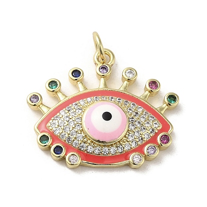 Brass Micro Pave Cubic Zirconia Pendants, with Enamel, with Jump Ring, Real 18K Gold Plated, Evil Eye