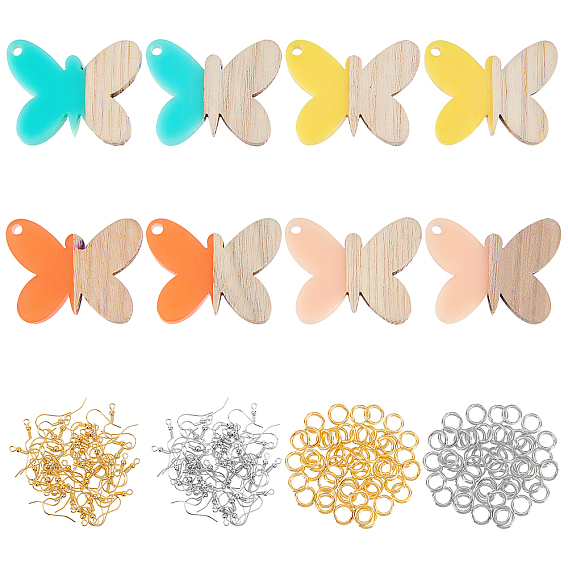 DIY Dangle Butterfly Earring Making Kits, 1 Box 8Pcs Resin & Walnut Wood Pendants, 40Pcs Iron Earring Hooks, 80Pcs Jump Rings