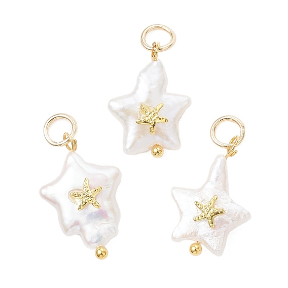 Подвески из натурального барочного жемчуга кеши, Подвески в виде звезд с фрагментом морской звезды из сплава, белые