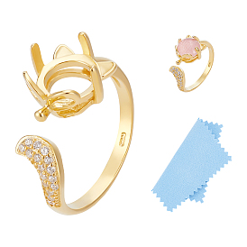 1pc 925 фурнитура для манжетного кольца из стерлингового серебра с микропаве из кубического циркония, Настройки зубчатого кольца в форме кошки, с замшевой тканью из поликарбоната квадратной серебряной полировальной салфеткой