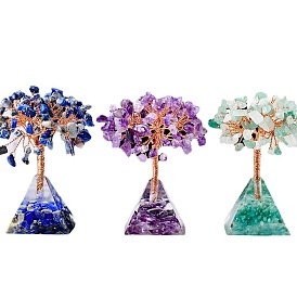 Natural Gemstone Chips Tree Decorations, Resin & Gemstone Chip Pyramid Base with Copper Wire Feng Shui Energy Stone Gift for Home Office Desktop Decorations