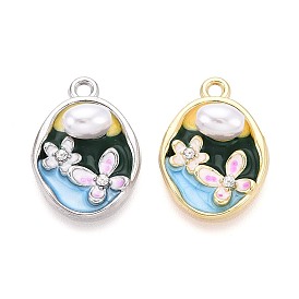 Подвески из сплава с покрытием из стразов и эмали, овальный и цветок, с ABS имитации жемчуга