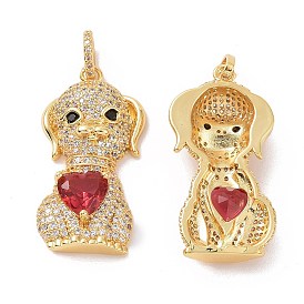Brass Micro Pave Cubic Zirconia Pendants, Dog with Heart Charm