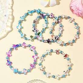 5Pcs 5 Colors Baking Paint Synthetic Turquoise Cross & Round Beads Stretch Bracelets for Men Women
