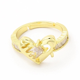 Cubic Zirconia Heart Adjustable Ring, Golden Brass Jewelry for Women