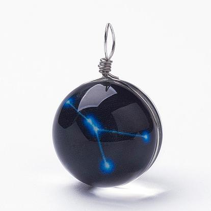 Luminous Glass Pendants, with Platinum Tone Brass Findings, Round with Constellation/Zodiac Sign
