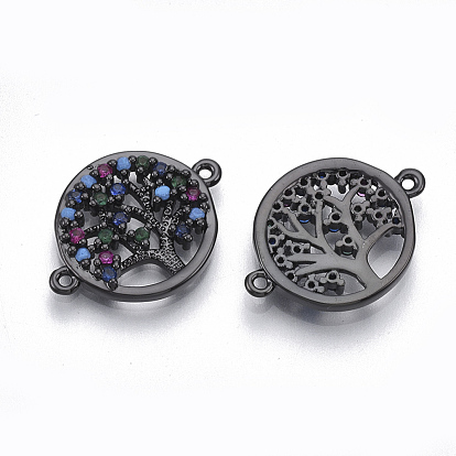 Brass Micro Pave Cubic Zirconia Links Connectors, Flat Round with Tree of Life, Colorful