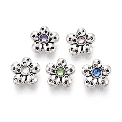 Сплавочные овальные бусины тибетского стиля , со стразами, цветок, античное серебро