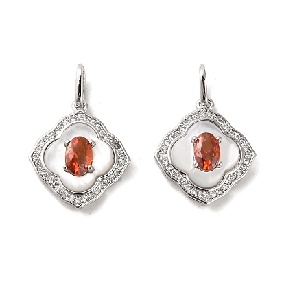 Brass Micro Pave Cubic Zirconia Pendants, Cadmium Free & Nickel Free & Lead Free, with Glass and Shell, Rhombus