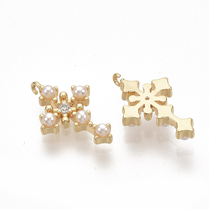 Brass Micro Pave Cubic Zirconia Pendants, with Imitation Pearl Acrylic Beads, Real 18K Gold Plated, Cross