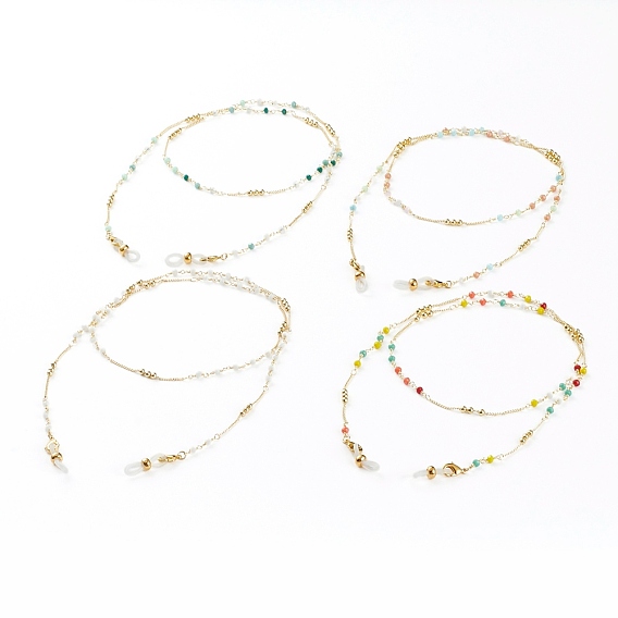 Eyeglasses Chains, Neck Strap for Eyeglasses, with Faceted Round Glass Beads, Brass Lobster Claw Clasps and Rubber Loop Ends, Real 18K Gold Plated