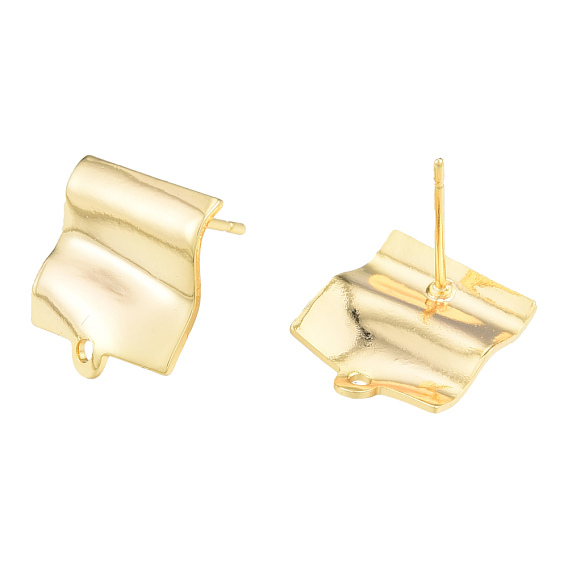 Brass Stud Earring Findings, with Horizontal Loops, Wave Rectangle, Nickel Free