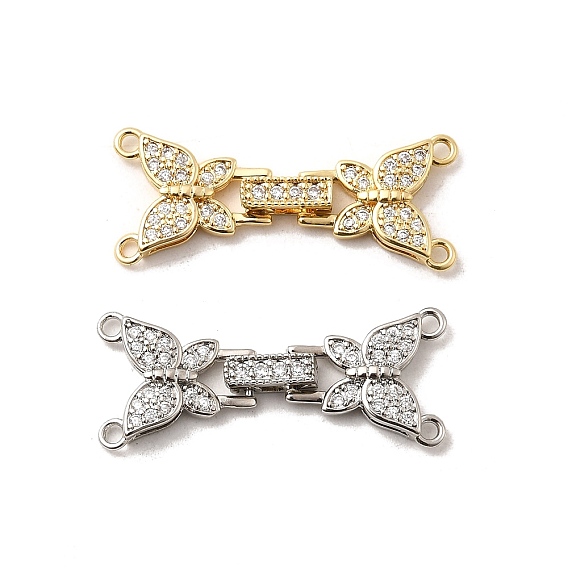 Застежки для часов из латуни с микропаве из прозрачного кубического циркония, долговечный, без кадмия и без свинца, бабочка