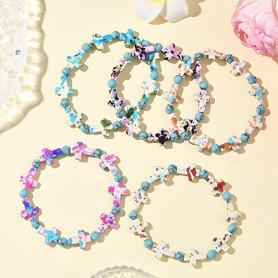 5Pcs 5 Colors Baking Paint Synthetic Turquoise Cross & Round Beads Stretch Bracelets for Men Women