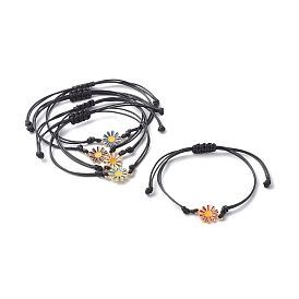 Pulseras trenzadas de cordón de poliéster encerado ajustable, con eslabones de margaritas de aleación esmaltada
