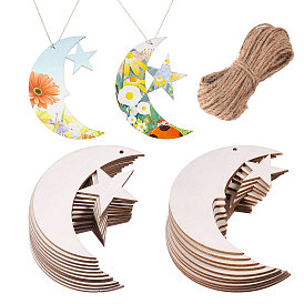 40 сумки 2 стили луна и звезды незаконченные заготовки деревянные подвески набор для рисования, пирография, домашнего декора, с джутовым шнуром