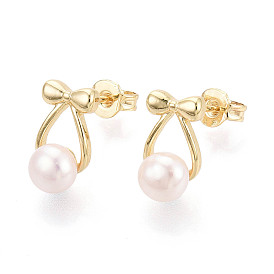 Серьги-гвоздики из латуни и натурального жемчуга, бантом