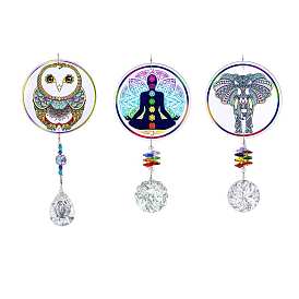 Glass Teardrop Round Window Hanging Suncatchers, with Acrylic Elephant Owl Yoga Meditation Home Outdoor Garden Ornaments