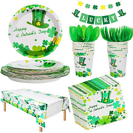 Saint Patrick's Day Party Disposable Tableware Sets, Including Paper Plates & Cups & Napkins, Plastic Knives & Forks & Tablecloths, with Clover Pattern