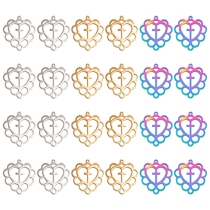 24 шт. 3 цвета 304 подвески из нержавеющей стали, полый, сердце с крестом