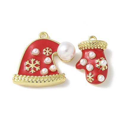 Рождественские латунные эмалевые подвески, с abs имитационными жемчужными бусинами , стойки покрытие, долговечный, реальный 18 k позолоченный, перчатка и шляпа