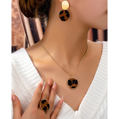 Комплект из плоского круглого сплава с леопардовым принтом, ожерелья, сережек-гвоздиков и колец для женщин