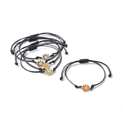 Pulseras trenzadas de cordón de poliéster encerado ajustable, con eslabones de margaritas de aleación esmaltada