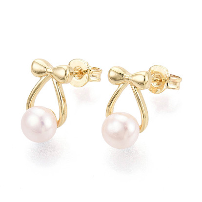 Серьги-гвоздики из латуни и натурального жемчуга, бантом