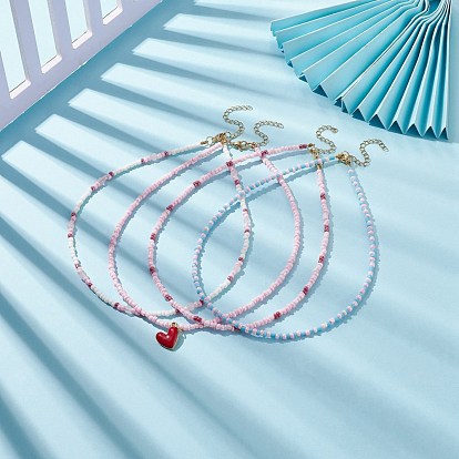 4Pcs 4 Style Natural Rose Quartz & Glass Seed Beaded Necklaces Set, Alloy Enamel Heart Charm Necklaces for Women