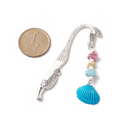 Spray Painted Sea Shell Pendants Bookmarks, Tibetan Style Mermaid Pattern Alloy Hook Book Marker with Synthetic Turquoise Beads