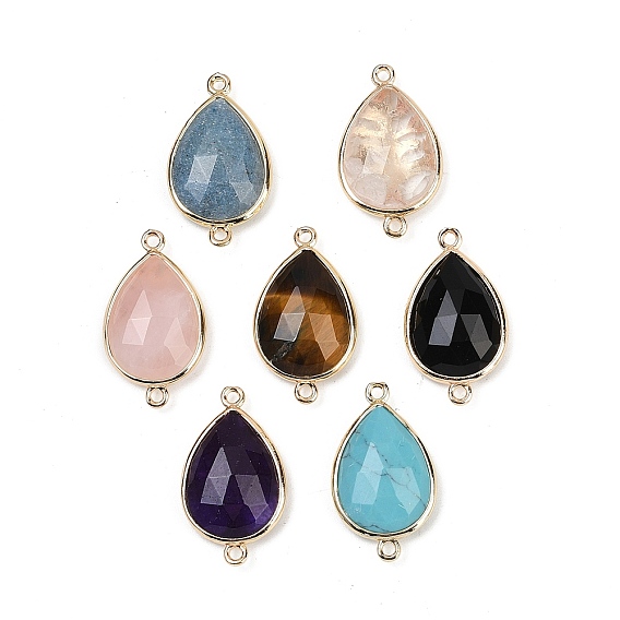 Подвески-коннекторы из натурального розового кварца/тигрового глаза/кристаллического кварца/аметиста/черного оникса/синтетической бирюзы, покрытие стойки латунными каплевидными звеньями, золотые, смешанные окрашенные и неокрашенные