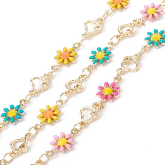 Handmade Eco-friendly Brass Enamel Flower & Heart Link Chain, with Cubic Zirconia, Real 18K Gold Plated, Lead Free & Cadmium Free, Soldered, with Spool